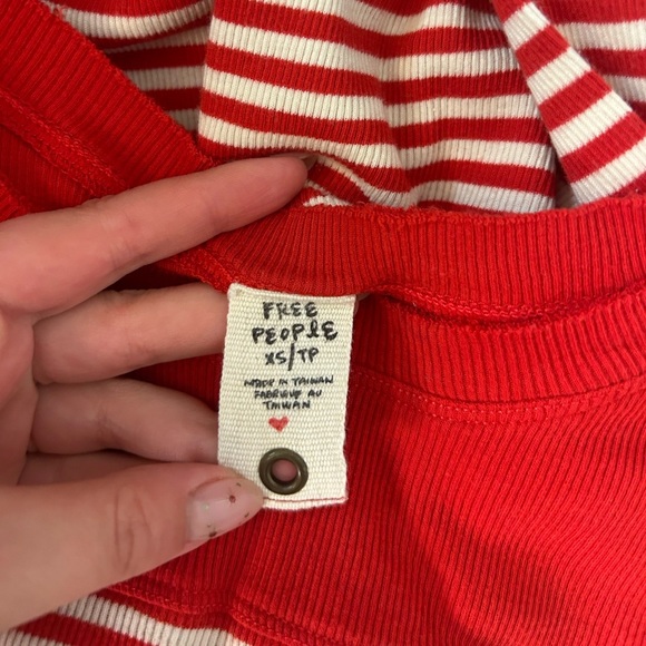 Free People Raw Hem Red and White Stripe Fit and Flare Cuffed Long Sleeve Top - Picture 4 of 6